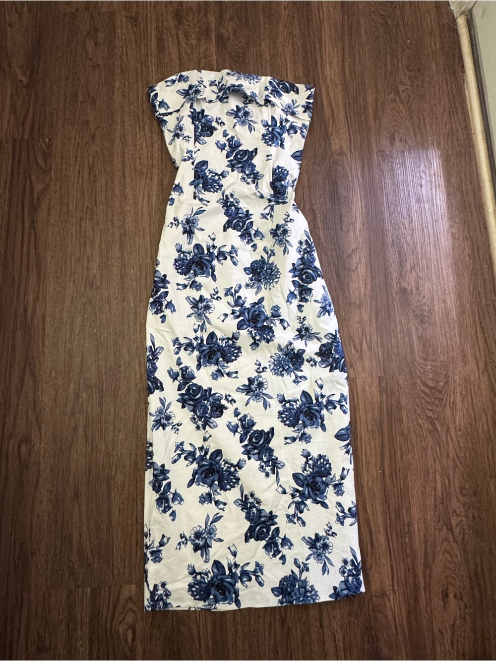Strapless White Dress with Blue Floral Print by